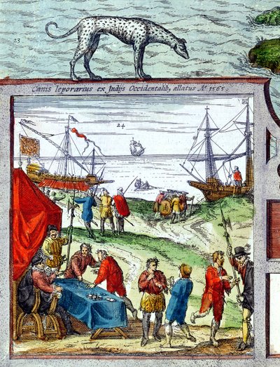 Detalj av en utsikt over havnen i Cadiz som viser handel med Vestindia av French School