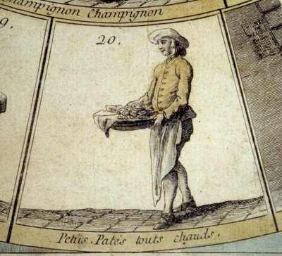 Detalj av spillet til Cree of Paris-gåsen: kjøpmann av varm liten pasta. Gravering fra 1700-tallet. Coll. Reise. av French School