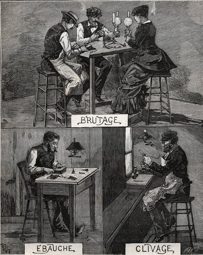 Diamantskjæring, lyd, grov og spalting. Gravering fra 1885 i "" Les arts et metiers illustres"" av Adolphe BITARD. av French School