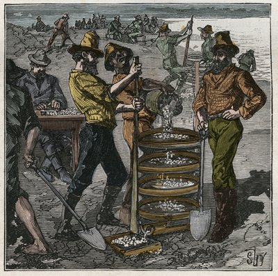 Diamantvasking i Sør-Afrika på 1800-tallet. Gravering fra 1885 i "" Les arts et metiers illustres"" av Adolphe BITARD. av French School