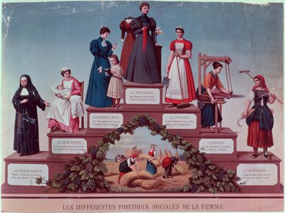 Ulike sosiale posisjoner av kvinner, sent på 1800-tallet (fargegravering) av French School