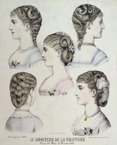 Ulike frisyrer, tallerken fra Le Moniteur de la Coiffure, 1880 av French School