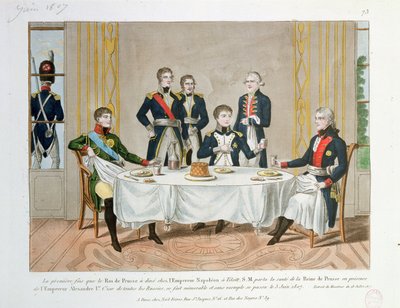 Middag i Tilsit mellom Fredrik Vilhelm III av Preussen, tsar Alexander I av Russland og Napoleon, som hever en skål for Dronningen av Preussen, 3. juni 1807 av French School