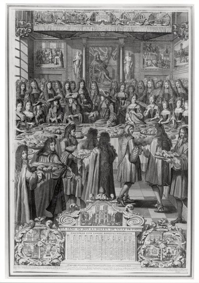 Middag til Ludvig XIV (1638-1715) på Hotel de ville, 30. januar 1687, fra årets kalender 1688 av French School