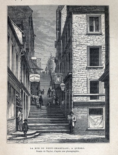 Oppdag Canada: Rue du Peute Champlain (Petity-Champlain) i Quebec. Tegning av Taylor fra et fotografi. Gravering fra slutten av 1800-tallet i «La nouvelle France» av Eugene Guenin. av French School