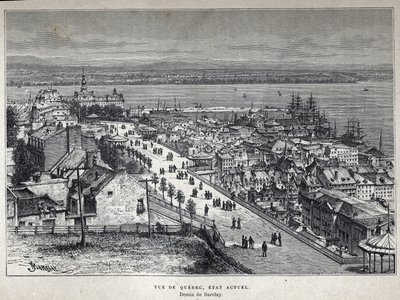 Oppdag Canada: utsikt over Quebec City på slutten av 1800-tallet. Barclay tegning. Gravering fra slutten av 1800-tallet i «La nouvelle France» av Eugene Guenin. av French School
