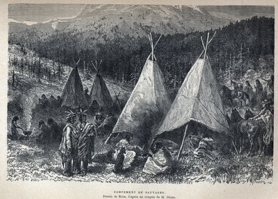 Discovered Canada: American Indian Camp with teepees. Drawing by Riou from a sketch by Dixon. Engraving from the end of the 19th century in “La nouvelle France” by Eugene Guenin. av French School