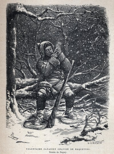 Discovered Canada: Canadian army volunteer snowshoe shoes. Drawing by Dupuy. Engraving from the end of the 19th century in “La nouvelle France” by Eugene Guenin. av French School