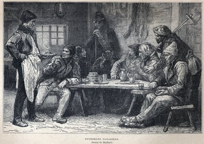 Oppdaget Canada: kanadiske loggere. Tegning av Maillard. Gravering fra slutten av 1800-tallet i «La nouvelle France» av Eugene Guenin. av French School