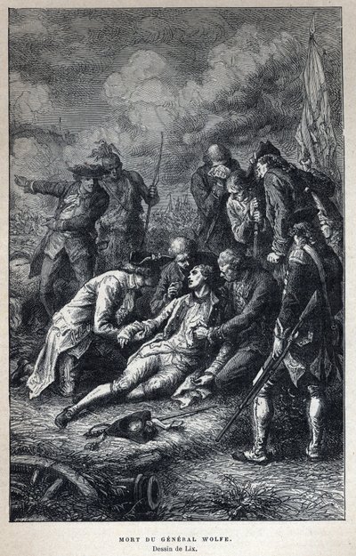 Oppdaget Canada: Death of General James Wolfe (1727-1759) britisk militær i slaget ved Quebec 13. september av French School