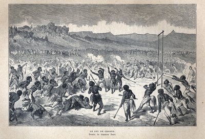 Oppdaget Canada: Sport. American Indian lacrosse-spillet. Tegning av Gustave Dore. Gravering fra slutten av 1800-tallet i «La nouvelle France» av Eugene Guenin. av French School