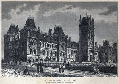 Discovered Canada: The Parliament Palace in Ottawa. Drawing by Deroy from a photograph. Engraving from the end of the 19th century in “La nouvelle France” by Eugene Guenin. av French School