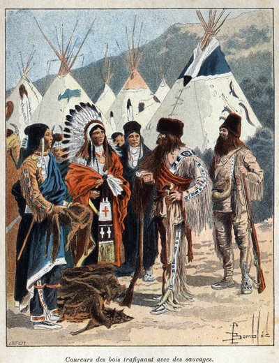 Discovered Canada: the coureurs de bois, involved in the fur trade with the Indians of America, trading animal skins in the 17th century. Engraving from the end of the 19th century in “La nouvelle France” by Eugene Guenin. av French School