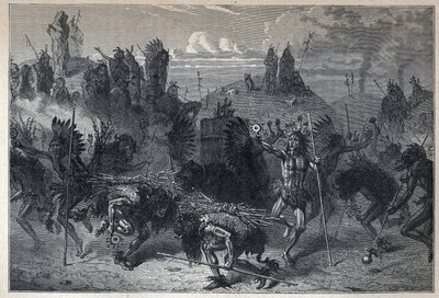 Discovered Canada: the dance of the bison in the Mondanes. Engraving from the end of the 19th century in “La nouvelle France” by Eugene Guenin. av French School