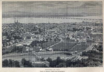 Oppdaget Canada: utsikt over byen Montreal i 1875. Tegning av Benoist etter fotografi. Gravering fra slutten av 1800-tallet i «La nouvelle France» av Eugene Guenin. av French School