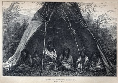 Discovered from Canada: American Indians living in the Rockies. Engraving from the end of the 19th century in “La nouvelle France” by Eugene Guenin. av French School