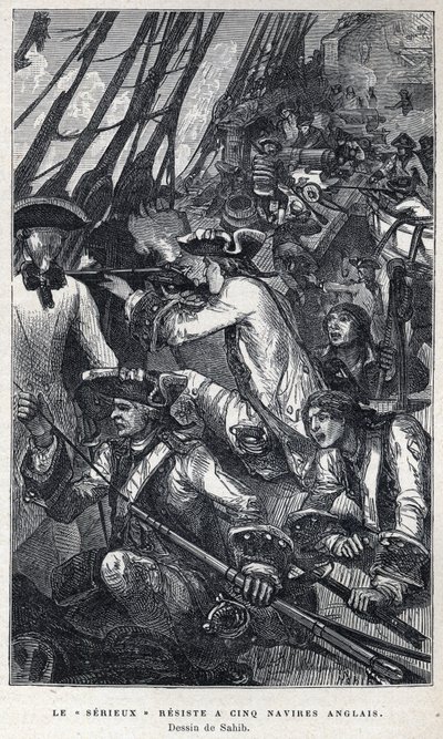 Discovered from Canada: Jacques Pierre de Taffanel de la Jonquiere (1685-1752) French naval officer at the head of the French ship “” Le serieux”” resisted five English ships. Drawing by Sahib. Engraving from the end of the 19th century in “La nouvelle Fra av French School