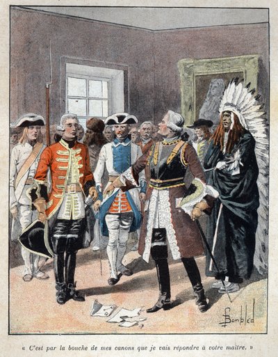 Discovered from Canada: Louis de Buade, Count of Frontenac (1622-1698) receiving the emissary of the English governor of the colony of Massachusetts (1651-1695) William Phips and answered him “” It is by the mouth of my guns that I will answer your master” av French School