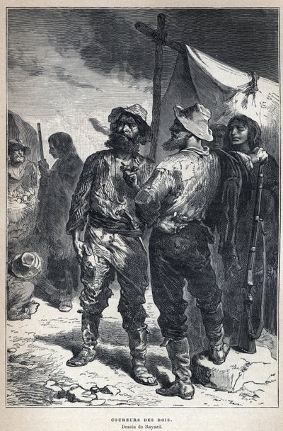Discovered from Canada: coureur des bois (involved in the fur trade with the Amerindians). Bayard drawing. Engraving from the end of the 19th century in “La nouvelle France” by Eugene Guenin. av French School