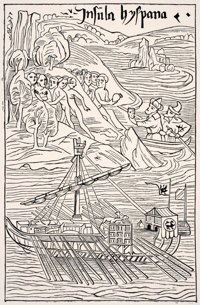 Oppdagelsen av Santo Domingo, Insula Hyspana, av Christopher Columbus, faksimile av en tregravering av Epistola Christoferi Colom, fra Science and Literature in The Middle Ages av Paul Lacroix pub. London 1878 av French School
