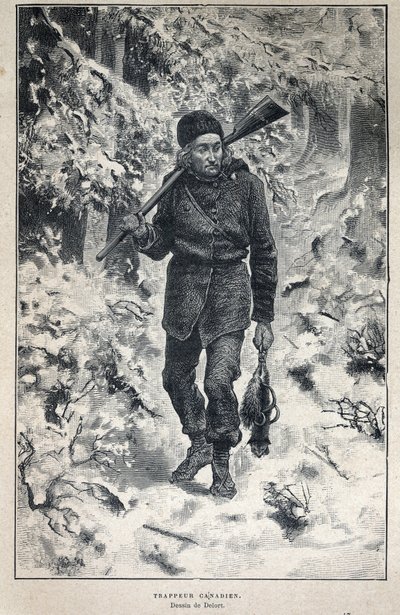 Disouverte du Canada: portrett av en kanadisk fangstmann i skogen. Gravering fra slutten av 1800-tallet i «La nouvelle France» av Eugene Guenin. av French School