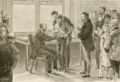 Doktor Pasteur undersøker gutt smittet med rabies. 1800-tallet (gravering) av French School
