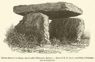 Dolmen oppdaget i Afrika, i dalen El-Arouna, Kabylia (gravering) av French School