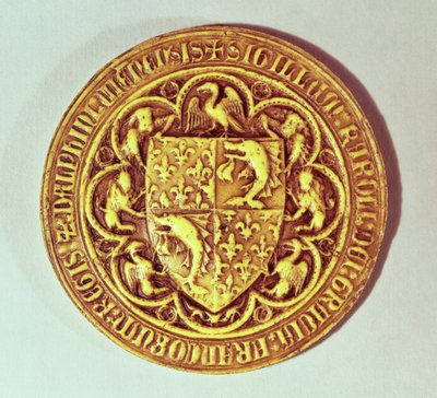 Delfinsel, Frankrikes skjold, med delfiner og fleur-de-lys, 1376 av French School