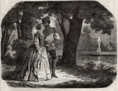 Don Juan discussed with Anne of Austria (1549-1580) his possible union with Prince Don Carlos (1545-1568), son of King Philip II of Spain (1527-1598). Engraving from 1871 in “Histoire Des Cocus Celebres”” by Henry de Kock (1819-1892). av French School