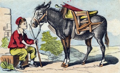 Esel. Gravering i "Buffon Alphabet des Animaux". 3. serie N 1. Avbildning av Epinal, Epinal, sent på 1800-tallet. 16 sider. Mål: 28x21cm av French School