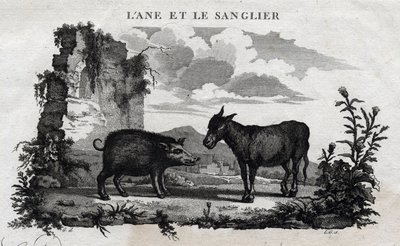 Esel og villsvin. Fabel om Esope. (Gresk forfatter Esopo eller Ecopus, 6. århundre f.Kr.) Skrevet av Guillaume Montfort og Gravees av Beauble i 1801. av French School