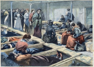 Dormitory of a night asylum in London, England considered a refuge for women, in "Le Petit Parisien” av French School
