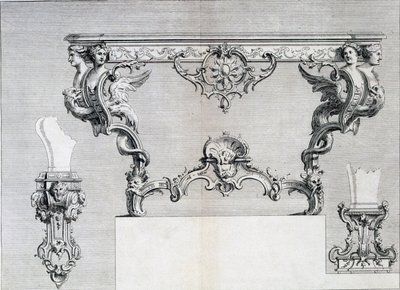 Dobbel forgrenet lysestake med rokokko og klassiske elementer, fra en mønsterbok med nyklassisk metalldesign satt sammen av Duhamel, ca. 1770-80-tallet av French School