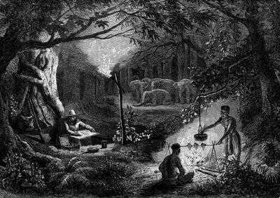 Drawing: a traveller drawing a scene of morals has the glow of a torch. Engraving in “” Le Journal de la jeunesse”” av French School