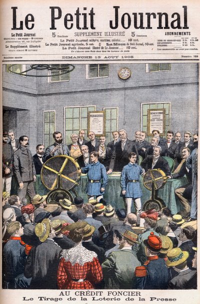 Trekning av presselotteriet på kontorene til Credit Foncier fra Frankrike til Paris. Landkreditt. Trekningen av presselotteriet. Illustrasjon for Le petit Journal av French School