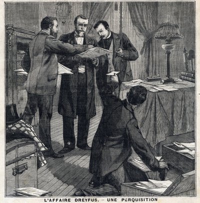Dreyfus-sak: Tre sivilbetjenter og en politimester foretar en ransaking av Georges Picquarts hjem (1854-1914). I "" Le Peute Parisien"" den 5/12/1897. Privat samling av French School