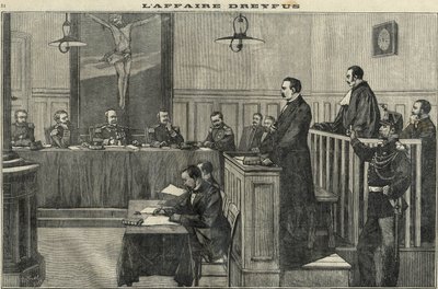 Dreyfus case in 1898: a hearing of the War Council: the trial of Commander Esterhazy. Engraving in ”Le petit parisien” from 1898. av French School