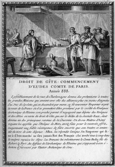Droit de Gite, Begynnelsen av Eudes, greve av Paris, år 888. Kong Guy (Gui) III, hertug av Spolete (død 894) ble heberger av Eveque of Metz under høyre for en hytte (feodal rett som gir en herre rett å være heberger av folket sitt når han flytter inn av French School