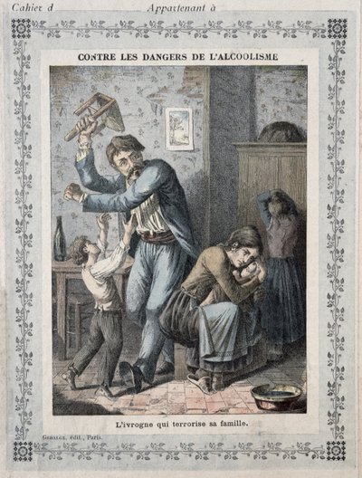 Drunkard terroriserer familien sin, omslag til en skoleoppgavebok. ca. 1900 av French School