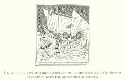Fra drukning i havet; etter en ms fra 1200-tallet med tittelen The Miracles of the Blessed Virgin, Bibl of the seminary of Soissons (gravering) av French School