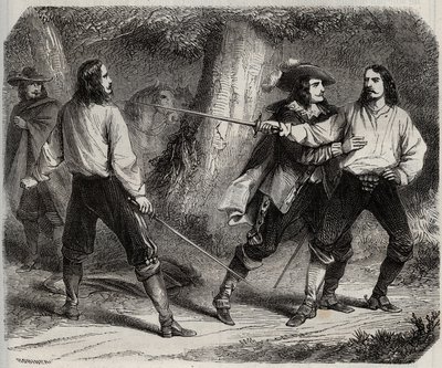 Duel has the sword between the Viscount of Cahuzac and the Marquis of Gesvres, whose queen of France Anne of Austria is in love, in the woods of Vincennes. 17th century. Engraving from 1871 in “Histoire Des Cocuses Celebres”” by Henry de Kock (1819-1892). av French School