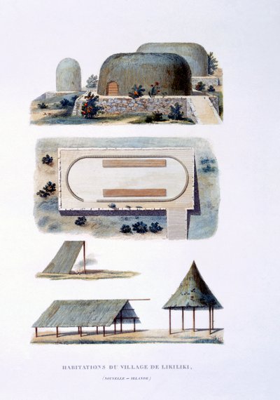 Boliger i Likiliki Village, New Ireland, 1826 av French School