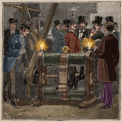 Dynamo elektrisk maskin av typen Gram (Zenobe Theophile Gram) som produserer likestrøm, elektrisk opplevelse i maskinrommet til Conservatoire des arts et metiers de Paris (ca. 1881). Gravering fra 1885 i "" Les arts et metiers illustres"" av Ad av French School