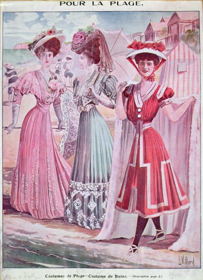 Strand- og badedrakter fra begynnelsen av det tjuende århundre, ca. 1906 (farge litho) av French School