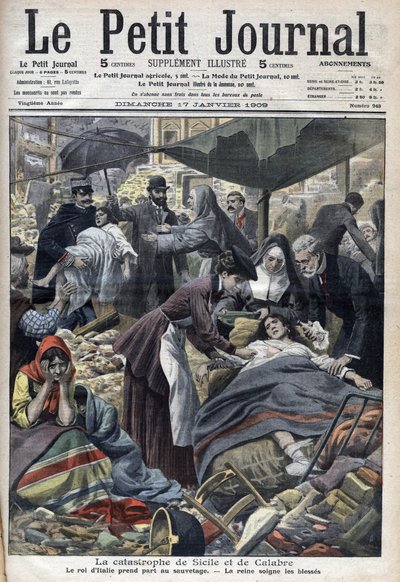 Earthquake in Sicily, Calabria 1909 "Le Petit Journal” of January 1909 (engraving) av French School