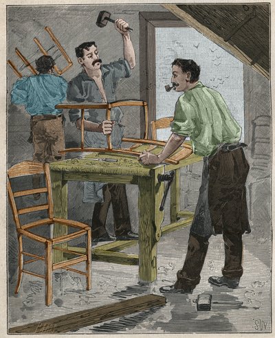 Ebenisterie: montering av stoler på 1800-tallet i Frankrike. Gravering fra 1885 i "" Les arts et metiers illustres"" av Adolphe BITARD. av French School