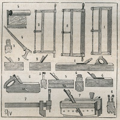 Ebenisterie: vanlige verktøy, sager og høvling. Gravering fra 1885 i "" Les arts et metiers illustres"" av Adolphe BITARD. av French School