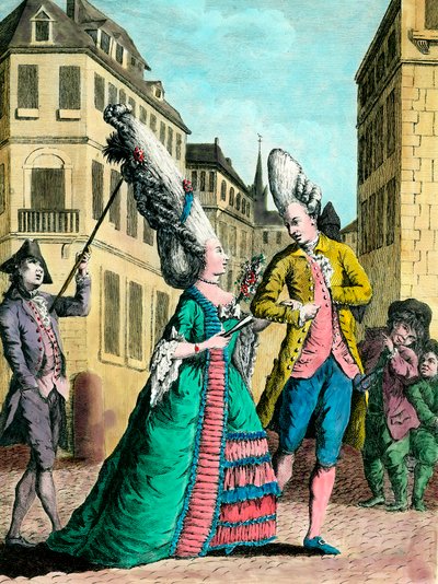 Eksentriske frisyrer på 1700-tallet: den franske kvinnen på tur. Gravering fra 1700-tallet. Privat samling. av French School