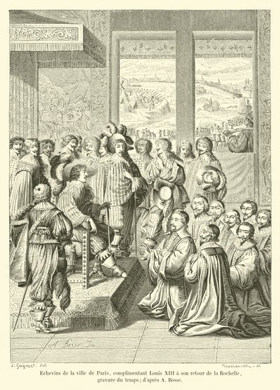 Rådmenn i byen Paris, komplimenterer Louis XIII ved hjemkomsten fra La Rochelle, tidsgravering; etter A Bosse av French School