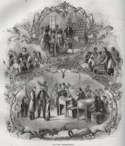Grunnskoler i Frankrike på 1800-tallet - gravering i - New National Encyclopedia av Maurice La Charest - 1870 - av French School